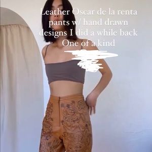 vintage Oscar de la Renta leather pants,hand drawn , ONE OF A KIND wearable art